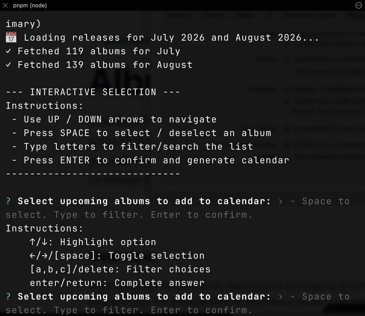 The CLI fetching July and August releases from Wikipedia and explaining the selection controls