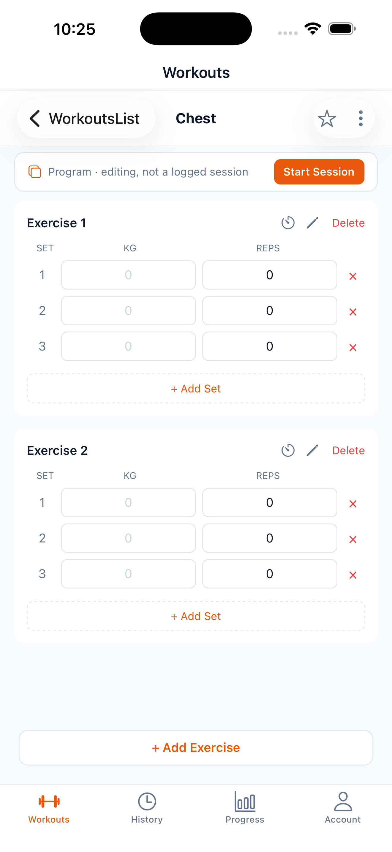 Session detail with rest timer