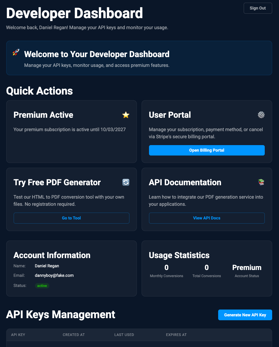 Developer dashboard