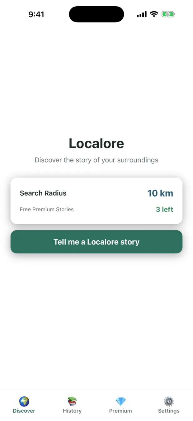 The Localore Discover screen with the search radius and the Tell me a Localore story button