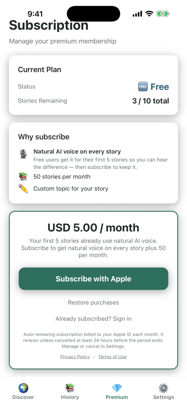 The Localore subscription screen showing the free plan and premium upgrade