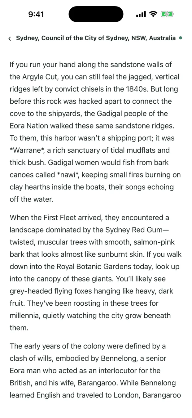 A generated Localore story about Sydney being revealed word by word